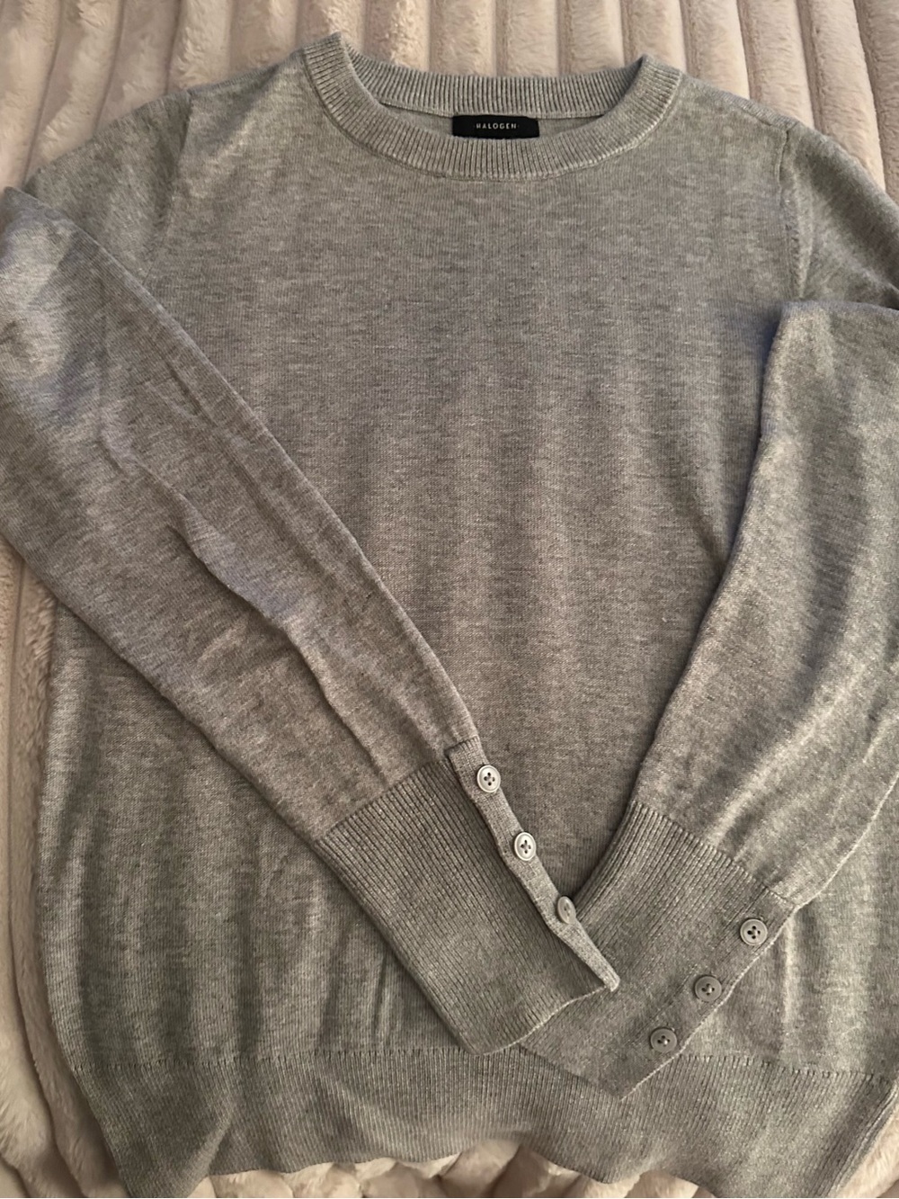 Halogen Gray Crewneck Sweater with Button Cuff Detail